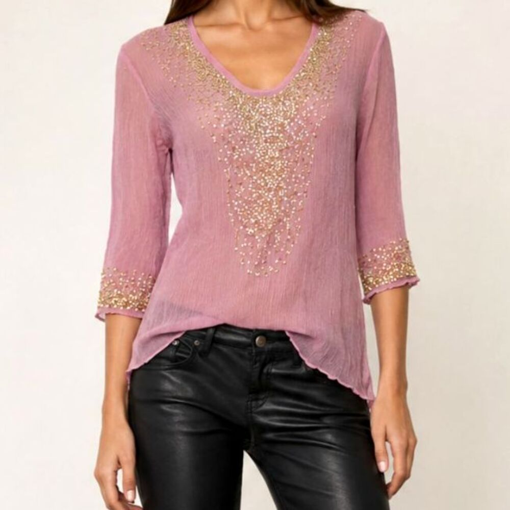 Boho Purple Embellished Rhinestone Blouse Size Small